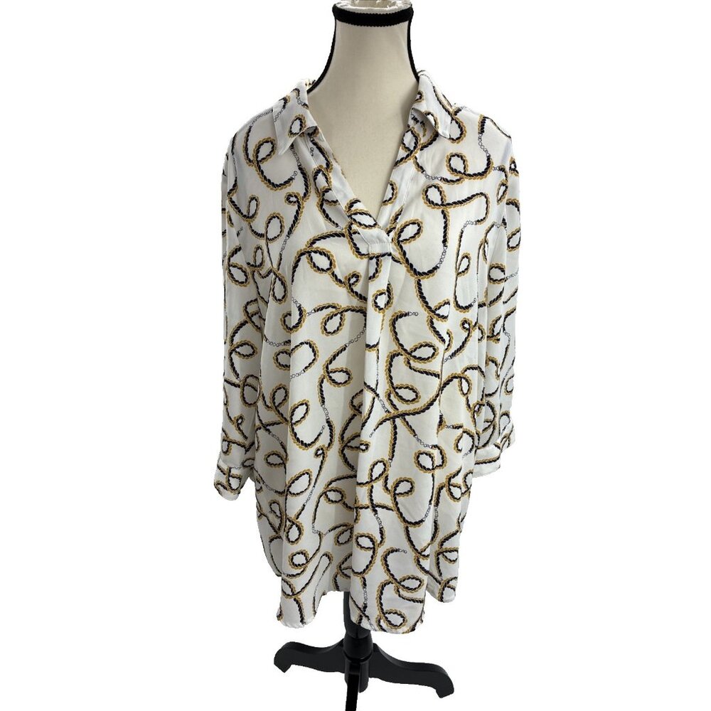 Anne Klein Womens Size L White Blouse Long Sleeve Button Front Chain Print Top